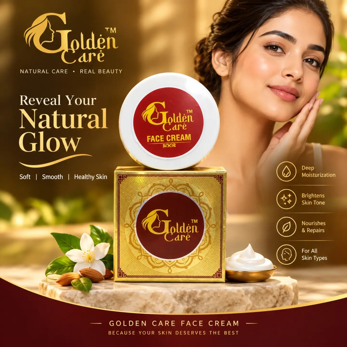 Woman with glowing skin holding Golden Care Face Cream